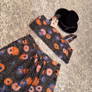 Floral Print Two-Piece Top/Pants Set - Black with Orange & Purple Flowers